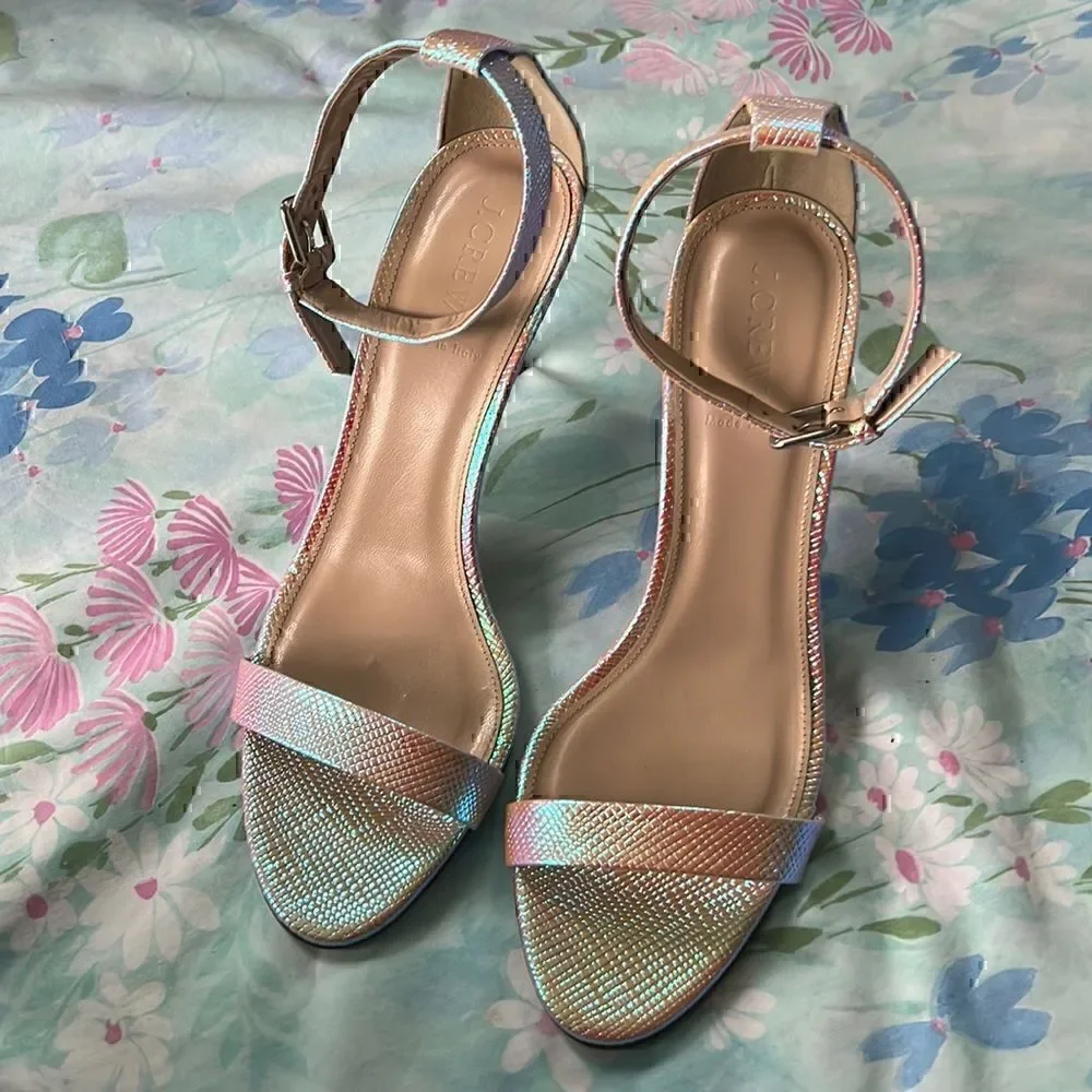 J Crew Iridescent Textured Ankle Strap Heels